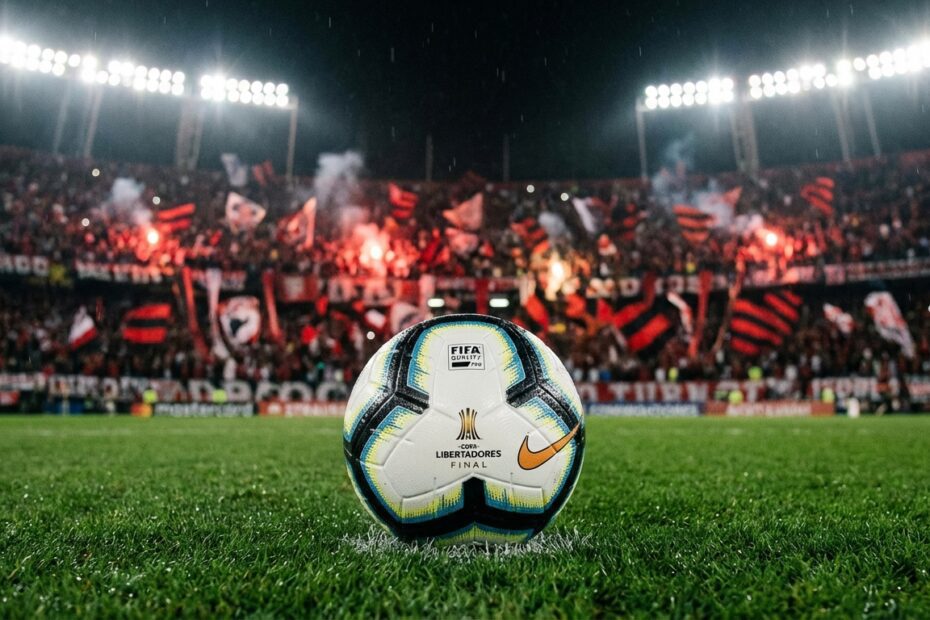 Bola de futebol em gramado iluminado com torcida desfocada ao fundo