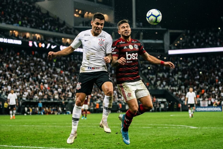 Jogadores de Corinthians e Flamengo disputam a bola pelo alto em partida noturna do Campeonato Brasileiro