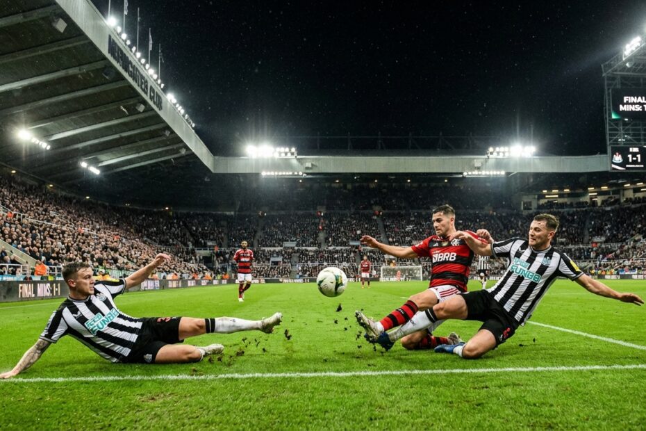 Jogadores de Corinthians e Flamengo disputando lance acirrado no meio de campo sob iluminação noturna na arena