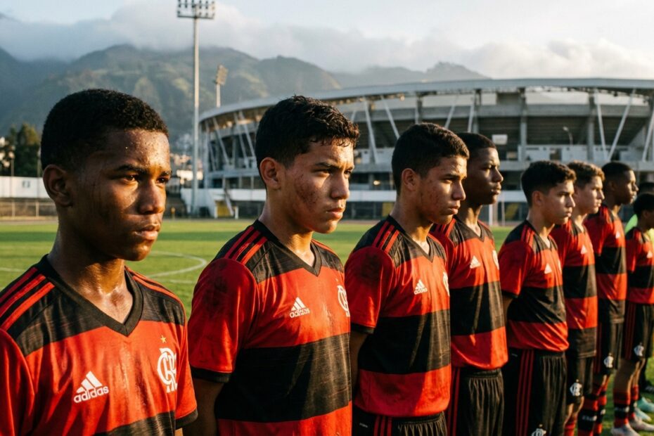 Jogadores do time sub-20 do Flamengo perfilados em campo durante competição
