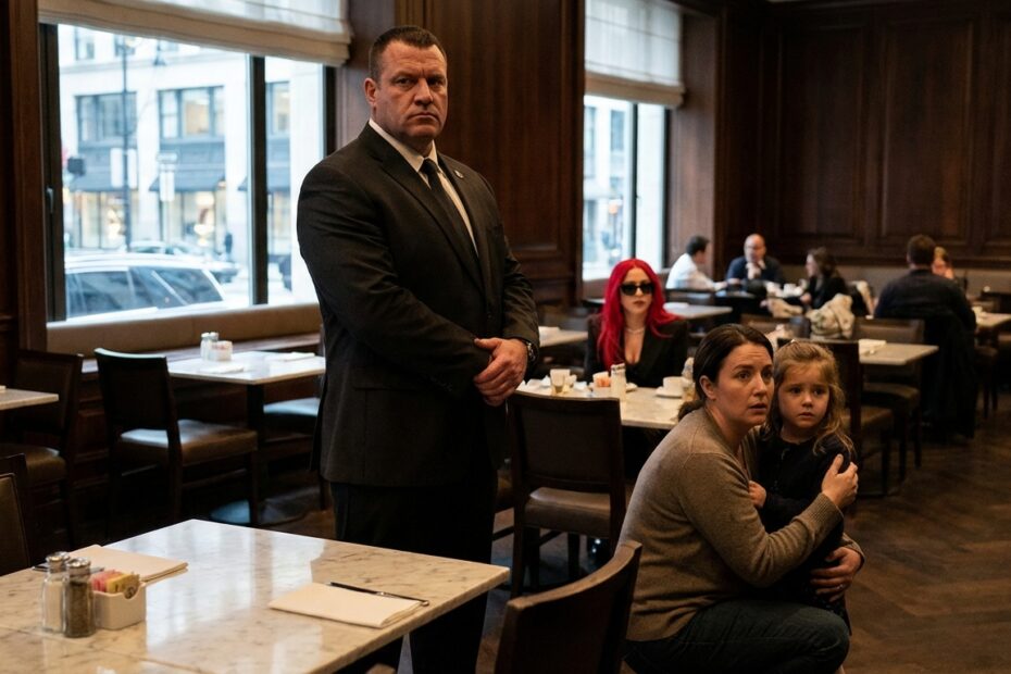 Ilustração representativa de um ambiente de hotel com seguranças e hóspedes em momento de tensão.