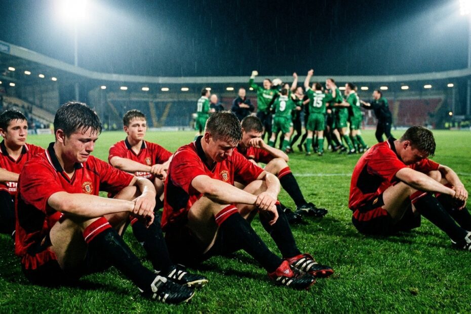 Jogadores da equipe sub-20 do Flamengo lamentam derrota no gramado enquanto os adversários celebram ao fundo