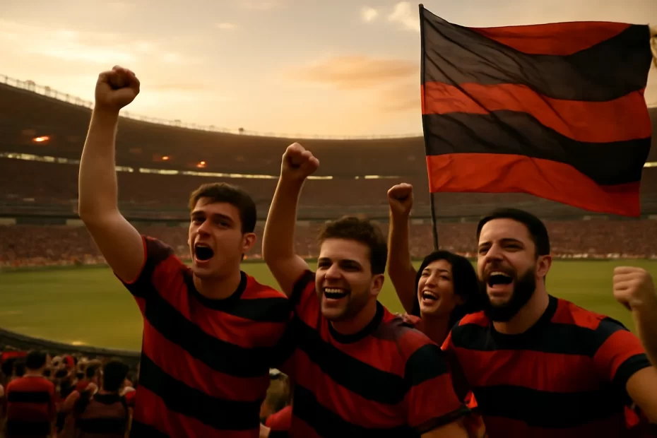 Torcedores do Flamengo em estádio icônico ao pôr do sol, emoção e união; flamengo saga completa gigante.