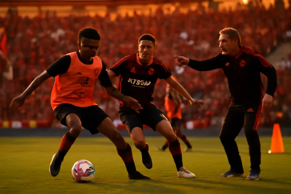 Treino do Flamengo ao entardecer com base e elenco, enfatizando futebol flamengo como estrutura e formação de talentos.