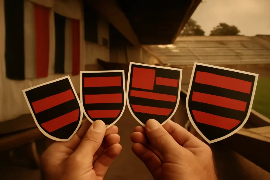 escudo flamengo fascinante evolução: foto documental com réplicas em primeiro plano e versão contemporânea ao fundo