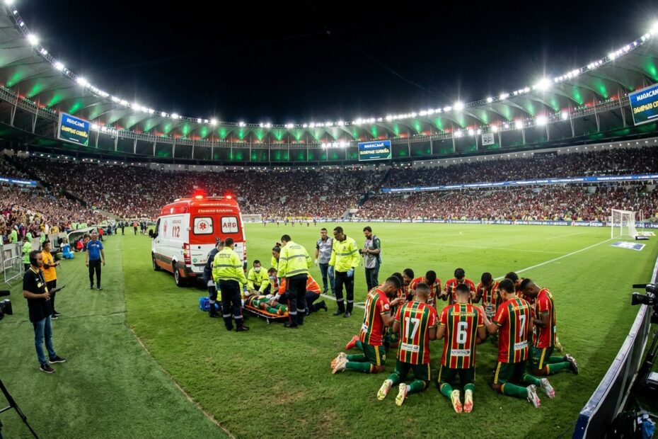 Ambulância no gramado do Maracanã atende jogador do Sampaio Corrêa