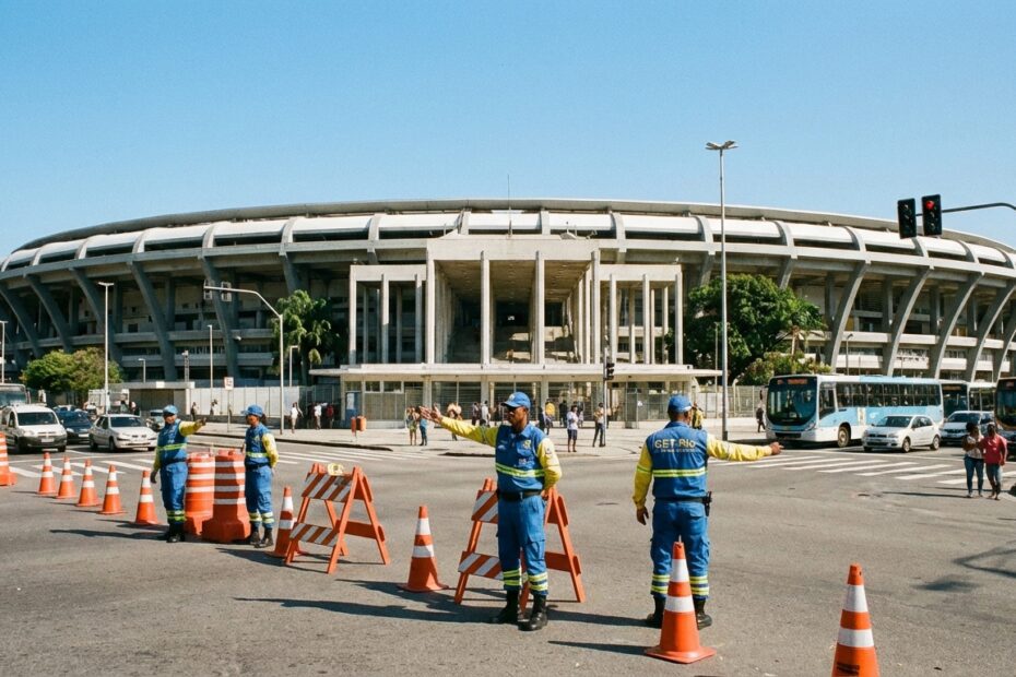 Agentes da CET-Rio organizam o trânsito no entorno do Maracanã com cones de sinalização