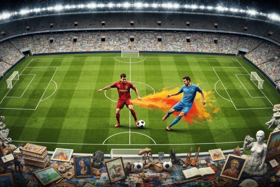 Arte e futebol se conectam em uma explosão de cores e formas, simbolizando a experiência inesquecível para fãs.