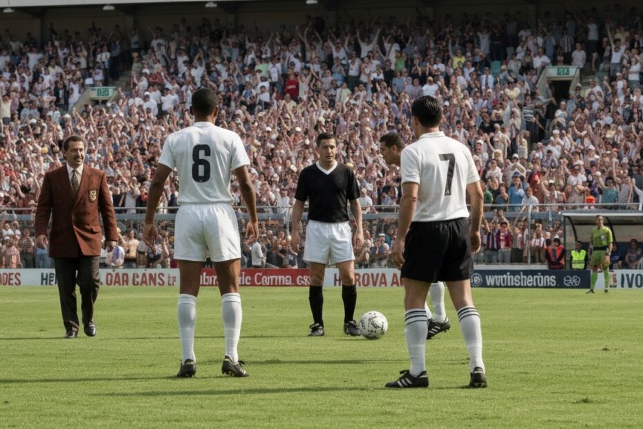 Ilustração mostrando elementos históricos e culturais do futebol brasileiro e mundial