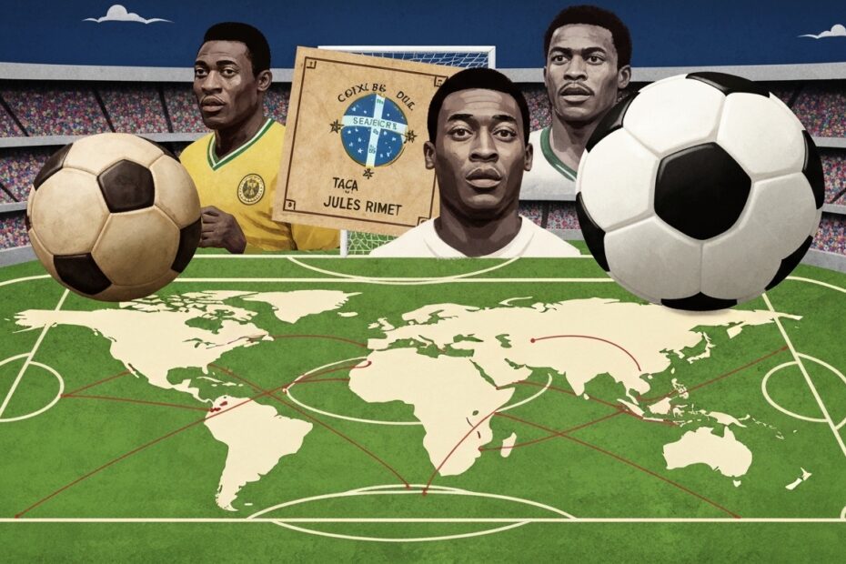 Campo de futebol com elementos históricos e globais representando curiosidades e rivalidades
