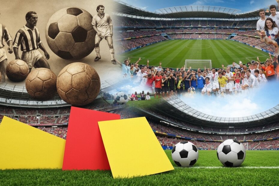 Montagem visual da evolução e impacto cultural do futebol ao redor do mundo.