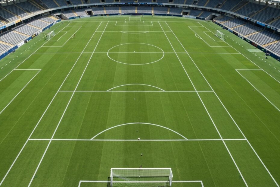 Campo de futebol profissional com marcações claras e gramado verde.