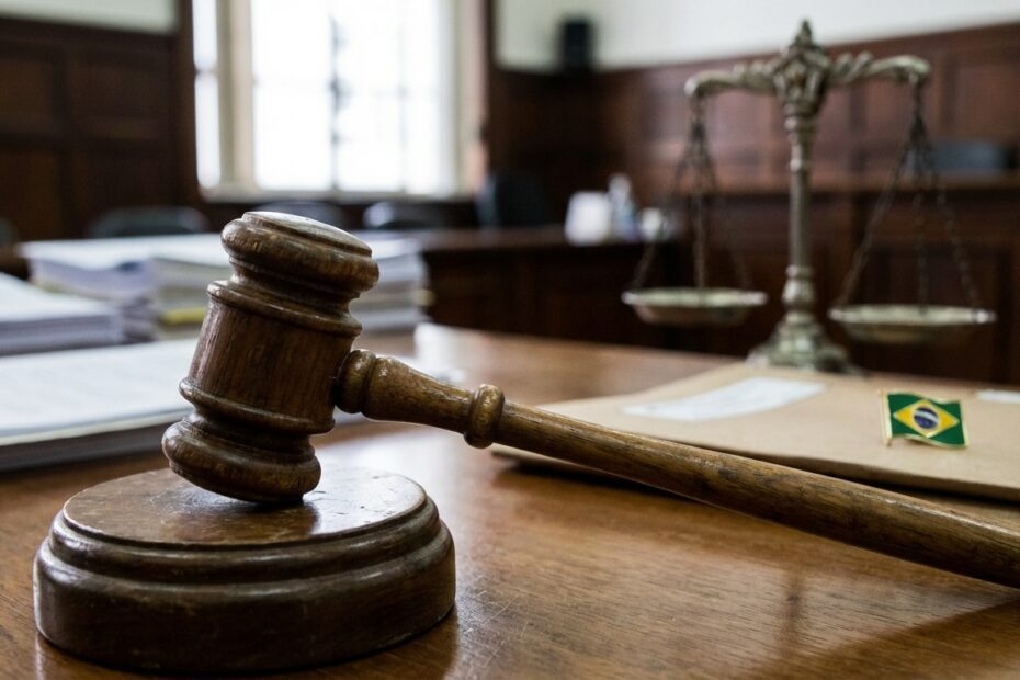 Martelo da justiça sobre mesa de tribunal representando decisão judicial