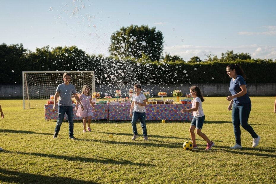Crianças e adultos se divertindo em uma festa de aniversário com futebol de sabão