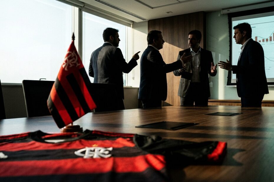 Ambiente de reunião executiva no Flamengo sugere tensão nos bastidores