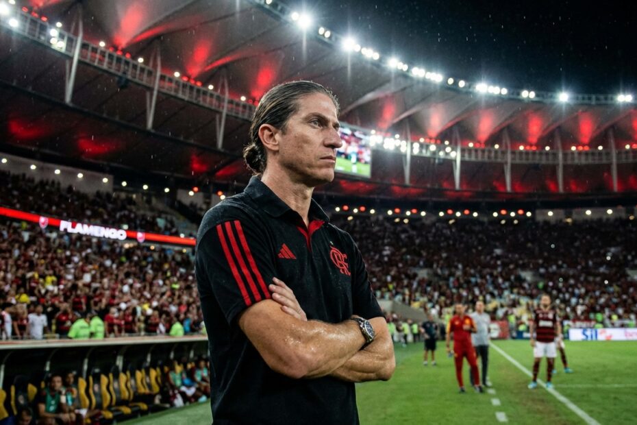 Filipe Luís com expressão preocupada à beira do gramado no Maracanã