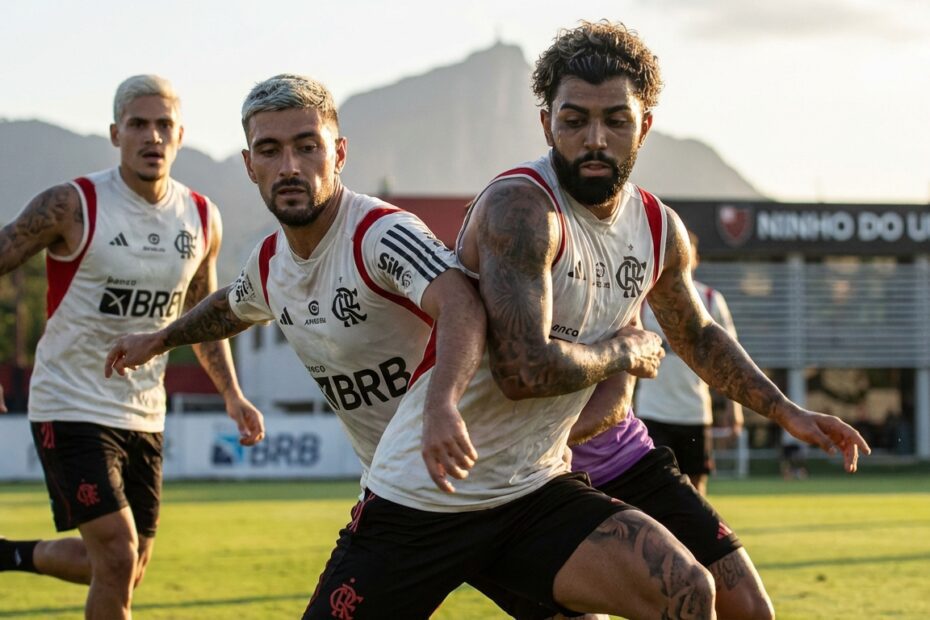 Jogadores do Flamengo durante atividade no centro de treinamento
