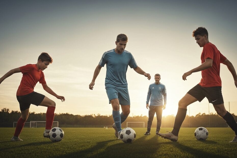 Jogadores de futebol praticando fundamentos essenciais em um campo de treinamento.