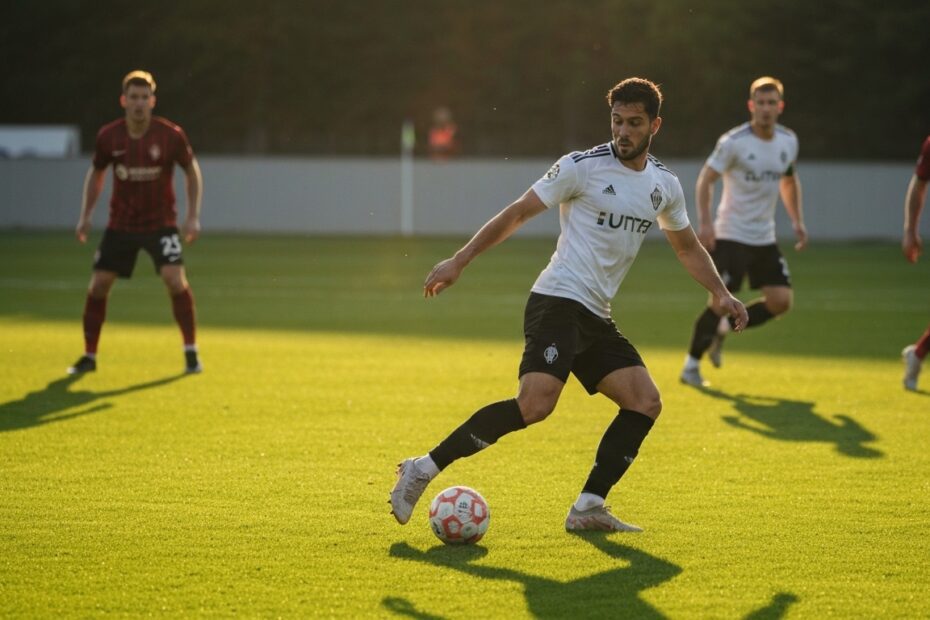 Jogador de futebol executando um passe com precisão em campo