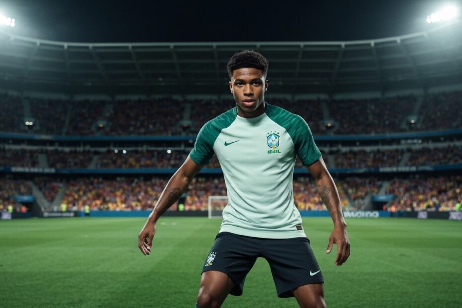 Goleiro de futebol realizando uma defesa espetacular com foco na agilidade e reflexos.