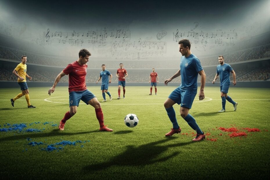 Representação artística do futebol-arte, com elementos de pintura, música e dança