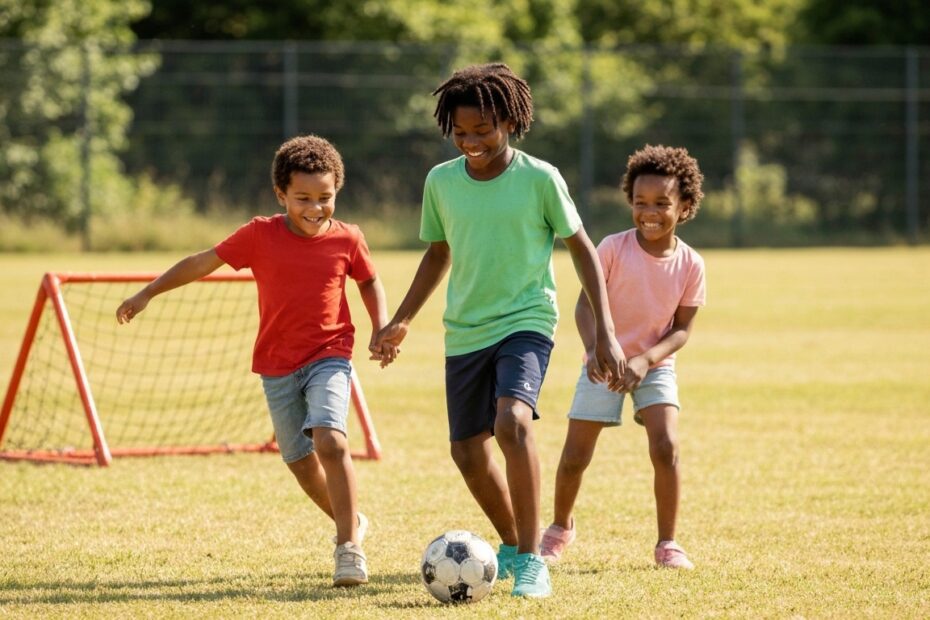 Família se divertindo em um dia de futebol de sabão seguro e alegre