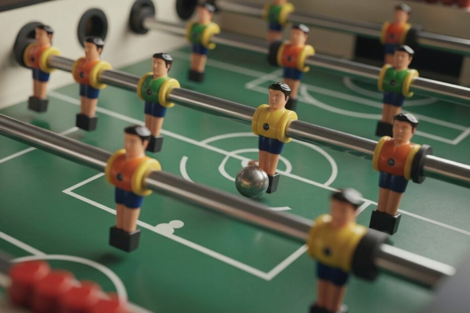 Mesa de futebol de botão com botões variados e palheta.