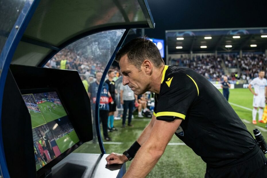 Árbitro de futebol revisando lance no monitor do VAR à beira do campo