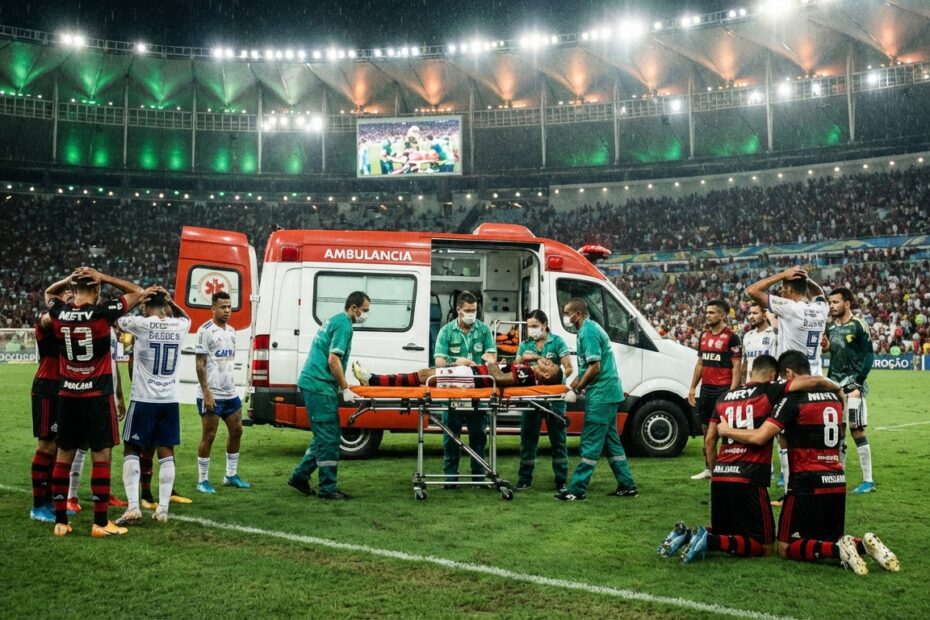 Ambulância atende jogador no gramado durante partida de futebol no Maracanã