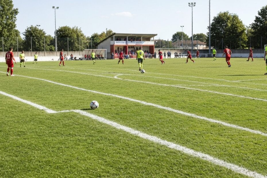 Jogadores em um campo de futebol amador durante uma partida animada.