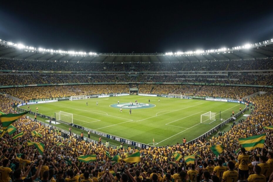 Torcida vibrante em um estádio lotado durante uma partida emocionante do Campeonato Brasileiro, mostrando a paixão do futebol nacional.