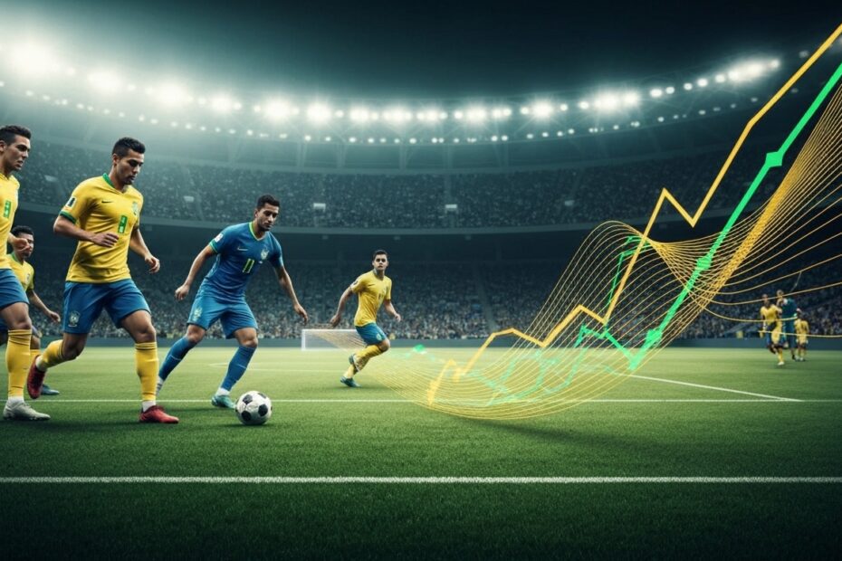 Jogadores de futebol em campo com gráficos e setas abstratas de mercado ao fundo, ilustrando o impacto das transferências no desempenho do Brasileirão.