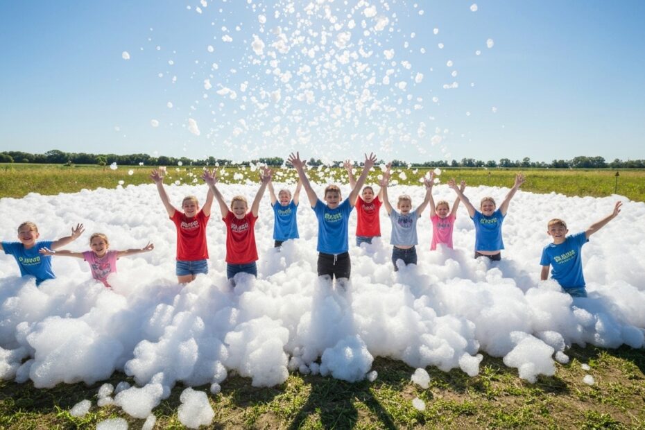 Crianças e adultos se divertindo em um campo inflável de futebol de sabão com muita espuma.