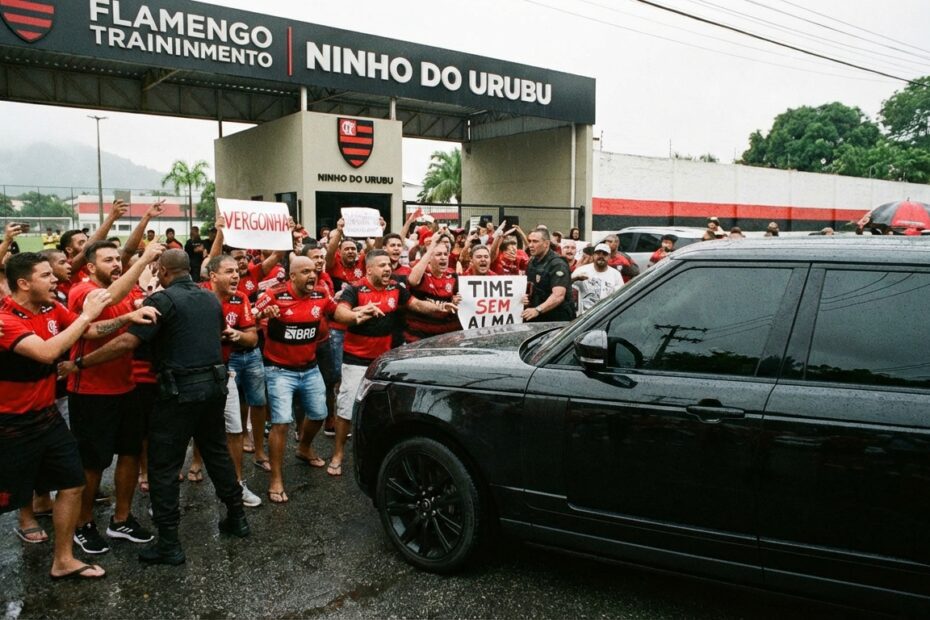 Torcedores do Flamengo protestam na entrada do Ninho do Urubu cercando carro de jogador