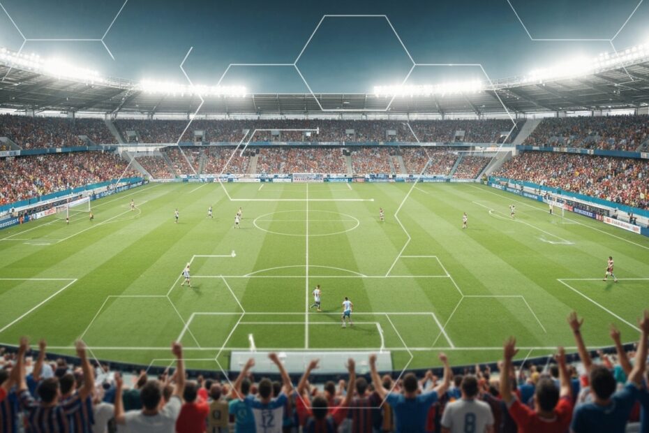 Visão aérea vibrante de um estádio de futebol durante uma partida, com um filtro hexagonal que simboliza as complexas regras do Brasileirão Série A e a estratégia do jogo.