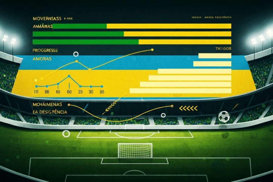 Ilustração vibrante e dinâmica de um estádio de futebol com dados e gráficos abstratos, representando a análise da tabela do Brasileirão e seus segredos.
