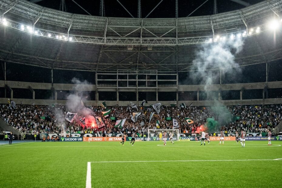 Visão geral do gramado iluminado do estádio Nílton Santos durante partida noturna