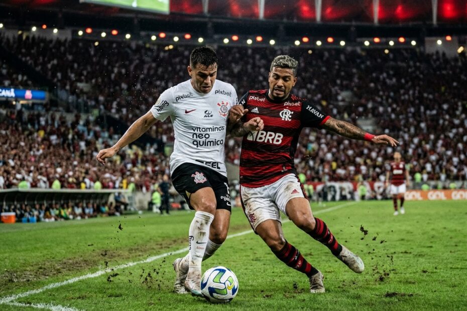 Jogadores de Corinthians e Flamengo disputam a bola no gramado sob iluminação noturna