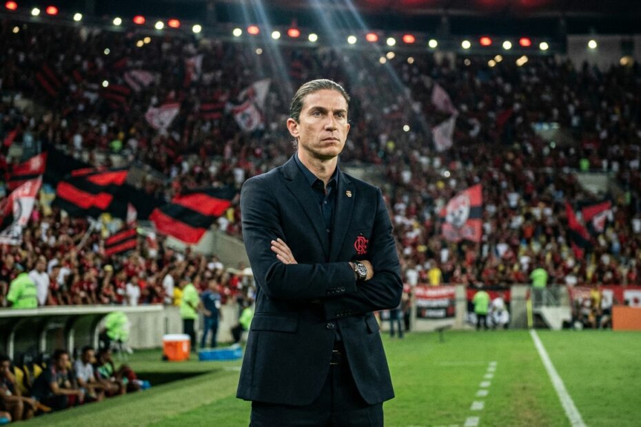 Filipe Luís à beira do gramado comandando o Flamengo