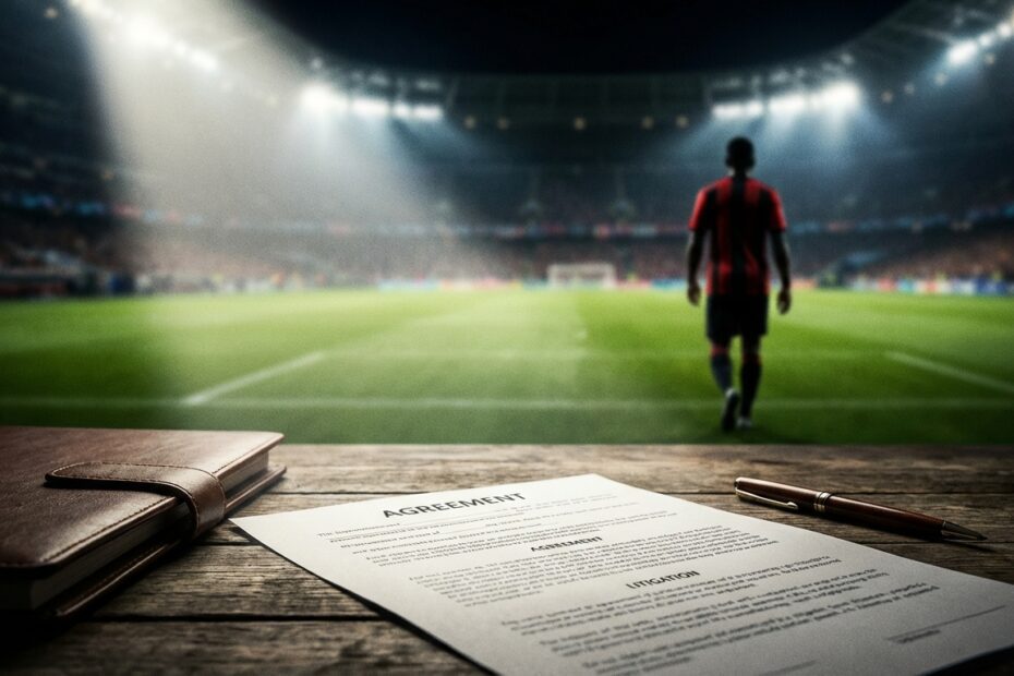 Documento jurídico em foco com silhueta de jogador com camisa rubro-negra ao fundo