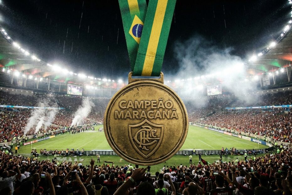 Medalha de campeão carioca em destaque com o gramado do Maracanã ao fundo