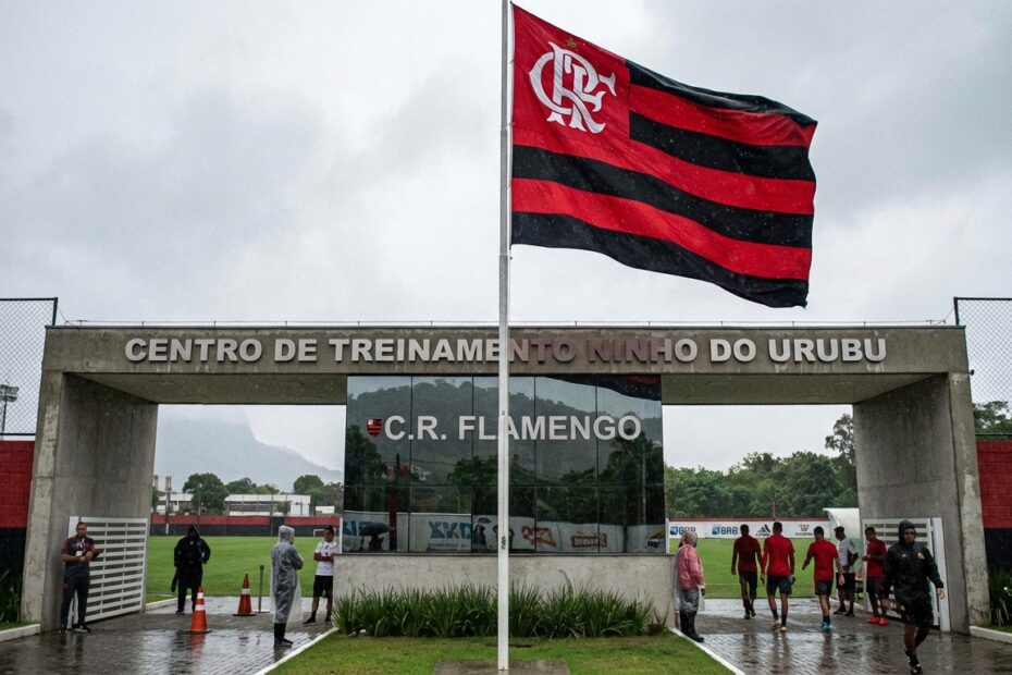Bandeira do Flamengo no CT Ninho do Urubu sob céu nublado