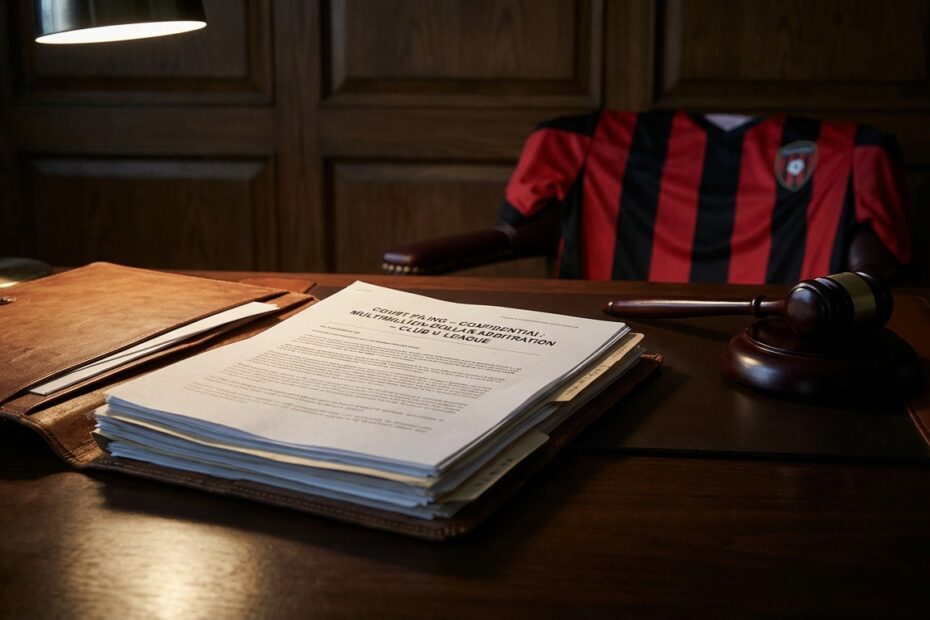 Martelo de juiz ao lado de uma camisa rubro-negra desfocada sobre mesa de madeira