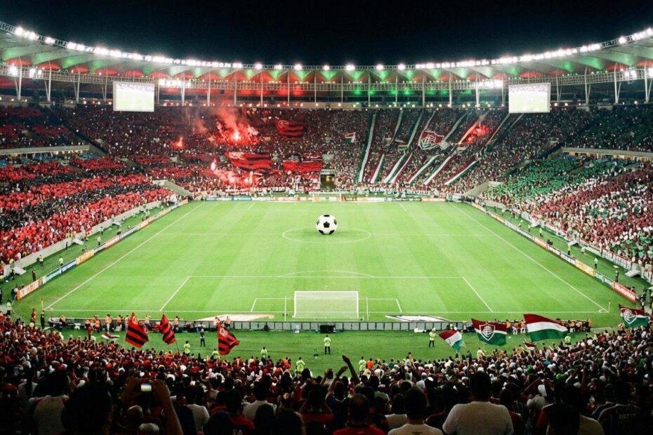 Vista do Maracanã dividido entre torcidas de Flamengo e Fluminense para a final do Carioca 2026