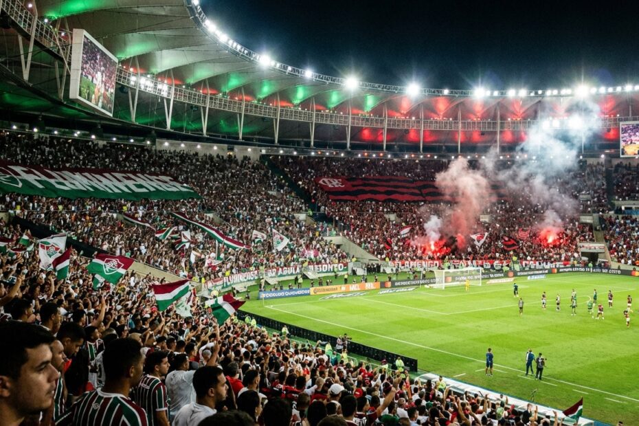 Estádio do Maracanã dividido entre torcidas de Fluminense e Flamengo para a final do Carioca