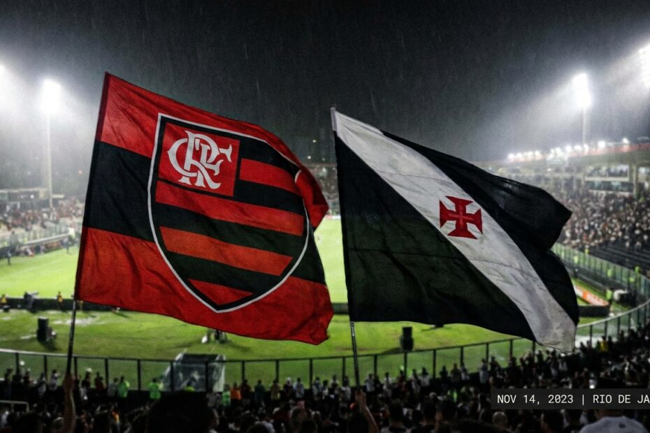 Bandeiras do Flamengo e Vasco em estádio de futebol representando as mudanças de técnicos