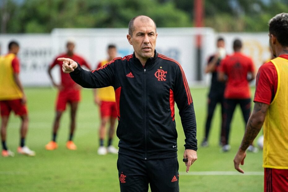 Leonardo Jardim comandando treino no Flamengo com expressão observadora no gramado