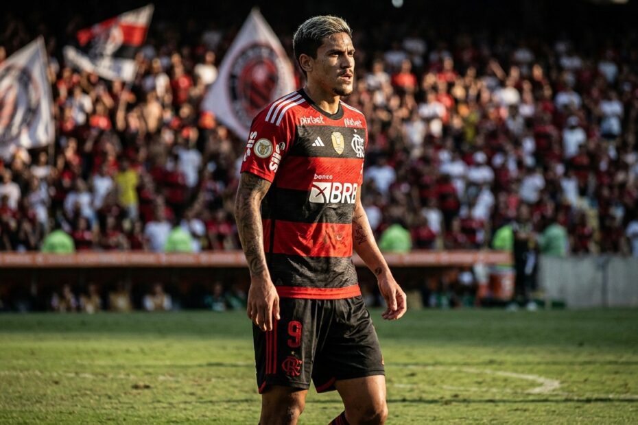Pedro, atacante do Flamengo, em momento de concentração no gramado