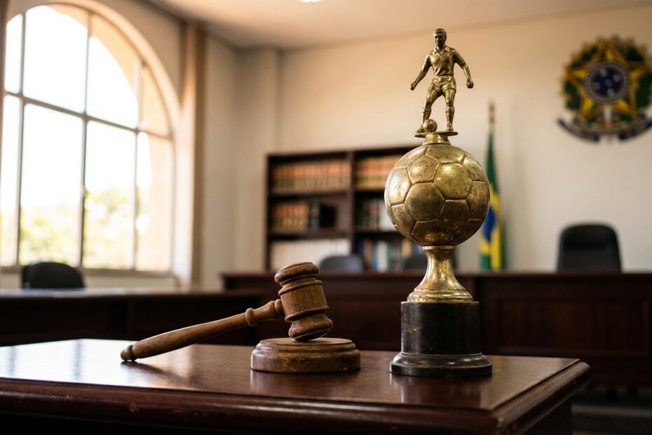 Símbolos da justiça brasileira ao lado de um troféu de futebol dourado