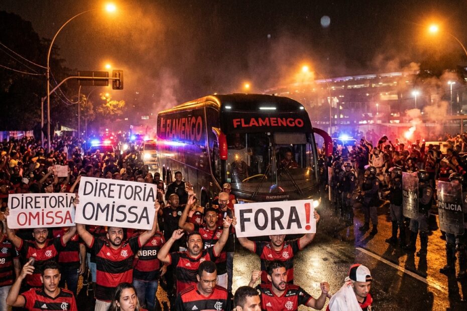 Ônibus do Flamengo chegando ao Maracanã sob protestos da torcida